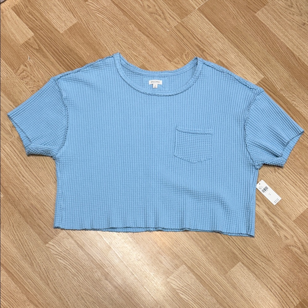 Anthropologie Pilcro Small Light Blue Waffle Knit Oversized Crop Tee NWT - Picture 7 of 11